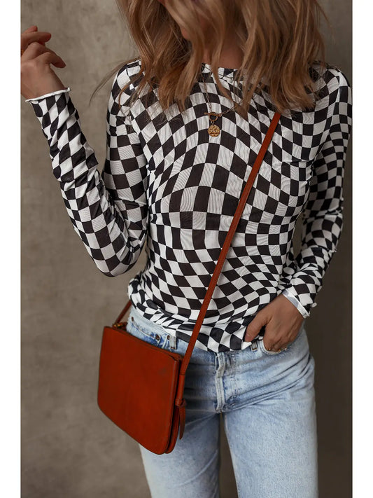 Black Checkered Long sleeve Top