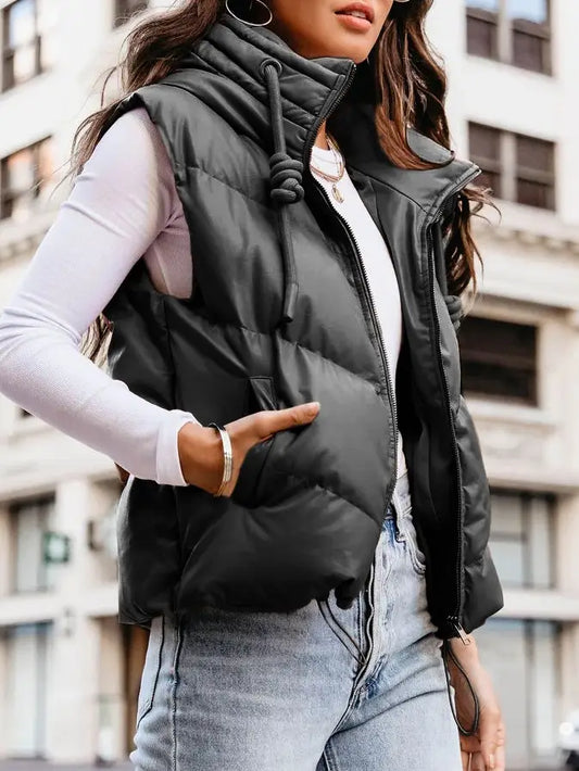 Hooded Puffer Waist Jacket Black