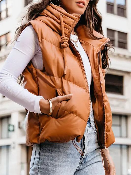 Hooded Puffer Waist Jacket Camel