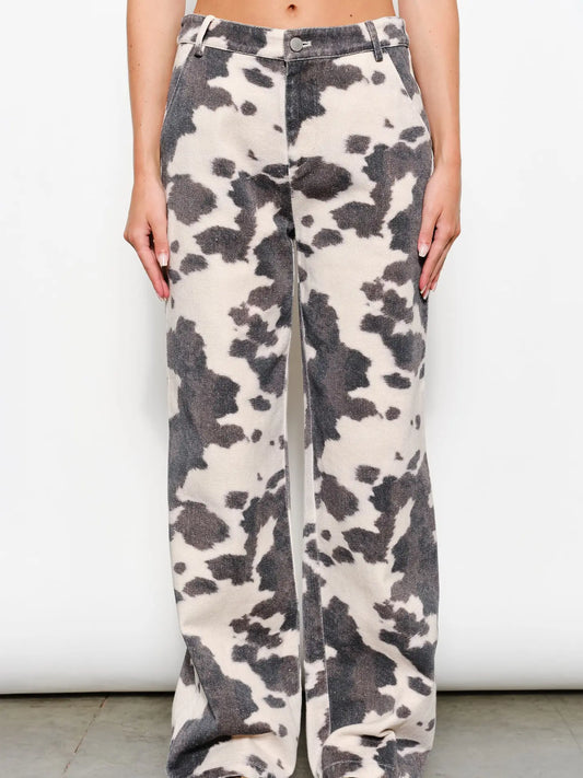 Cow Print Twill Pants
