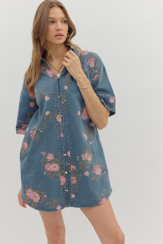 Denim Floral Button-Up Dress