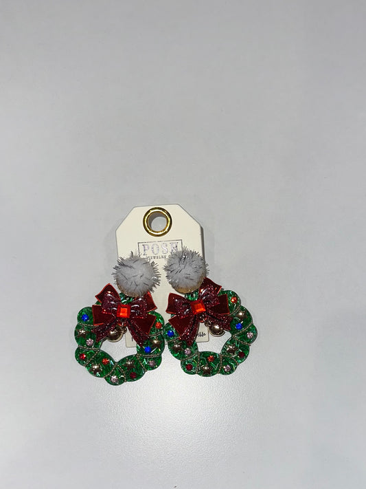 Christmas Wreath Earrings with Red Bow