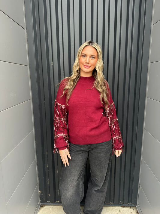Burgundy Rhinestone Fringe Sweater