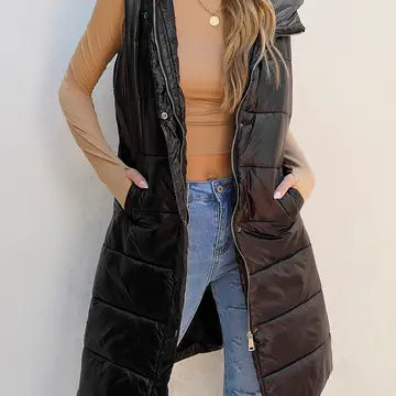 Long hooded quilted vest