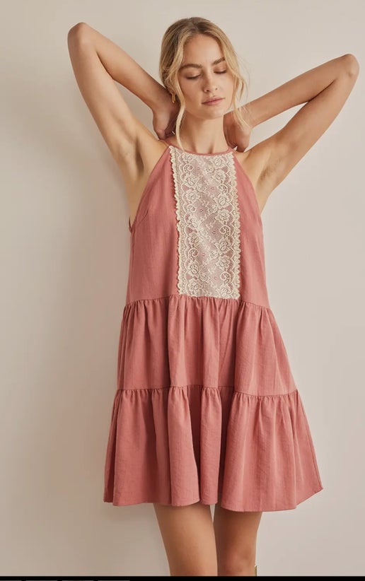 Lace Contrast Tiered Halter Neck Dress