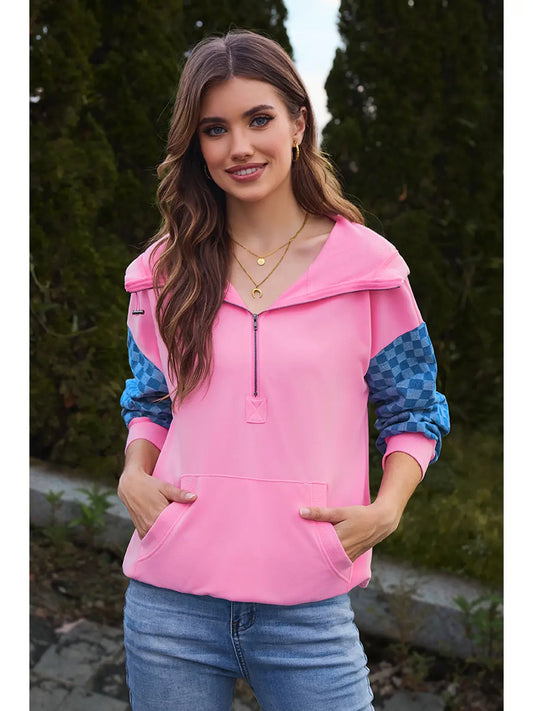 Checkered Sleeve Kangaroo Pocket Half Zipper Hoodie |