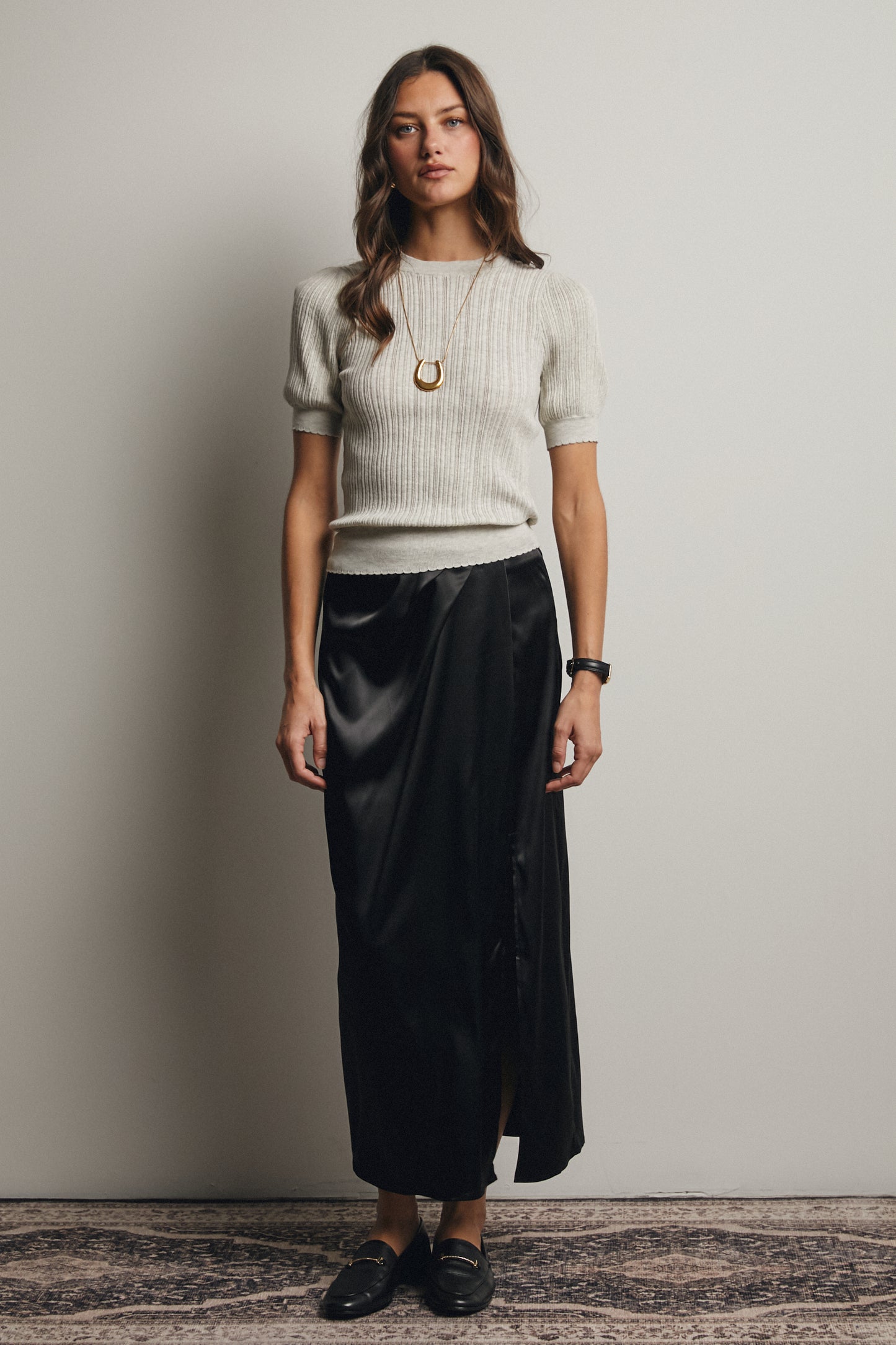 Satin Side Slit Midi Skirt