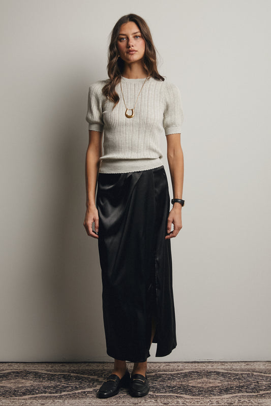 Satin Side Slit Midi Skirt