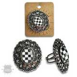 Western oval rhinestone ring with checkerboard inlay