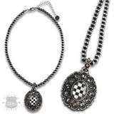 Western oval rhinestone pendant on burnished silver bead necklace